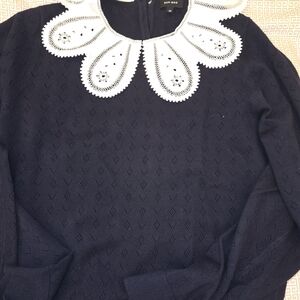 BAMBOO Navy Sweater with White Lace Collar